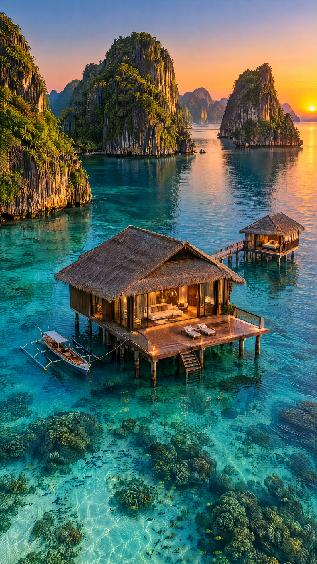 AI concept of an overwater villa in Bacuit Bay, El Nido, Palawan, with the karst limestone towers rising from a turquoise lagoon